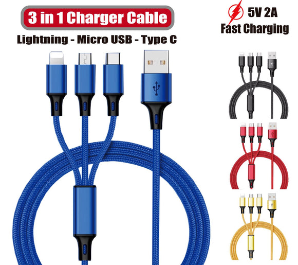 3 in 1 Multi USB Charger Charging Cable Cord For iPhone 14 13 12 11 10 8 7 6 5 x